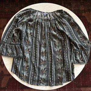 Green Paisley Floral Peasant Top Sz XL Boho Flowy Off Shoulder Tunic Laura Scott